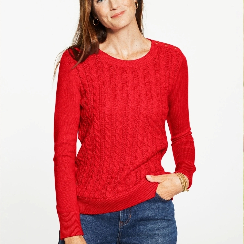 Talbots Cable Crewneck Sweater in red. Size S - Picture 7 of 8